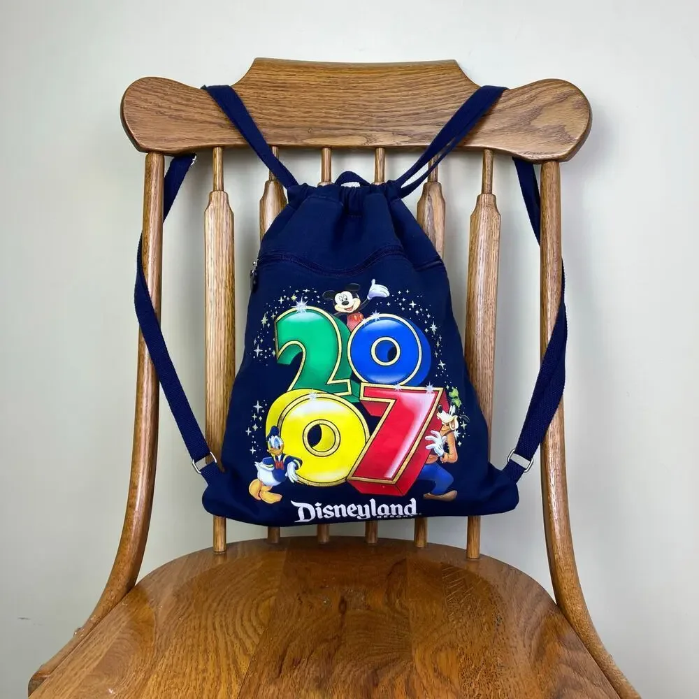 Disneyland 2007 Drawstring Canvas Backpack Navy Printed Mickey Goofy Donald